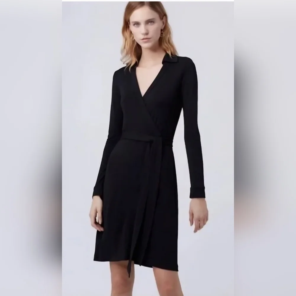 Diane Von Furstenberg Jeanne Two Womens Black Wrap Midi Dress Size 8 Made In USA - Picture 2 of 8